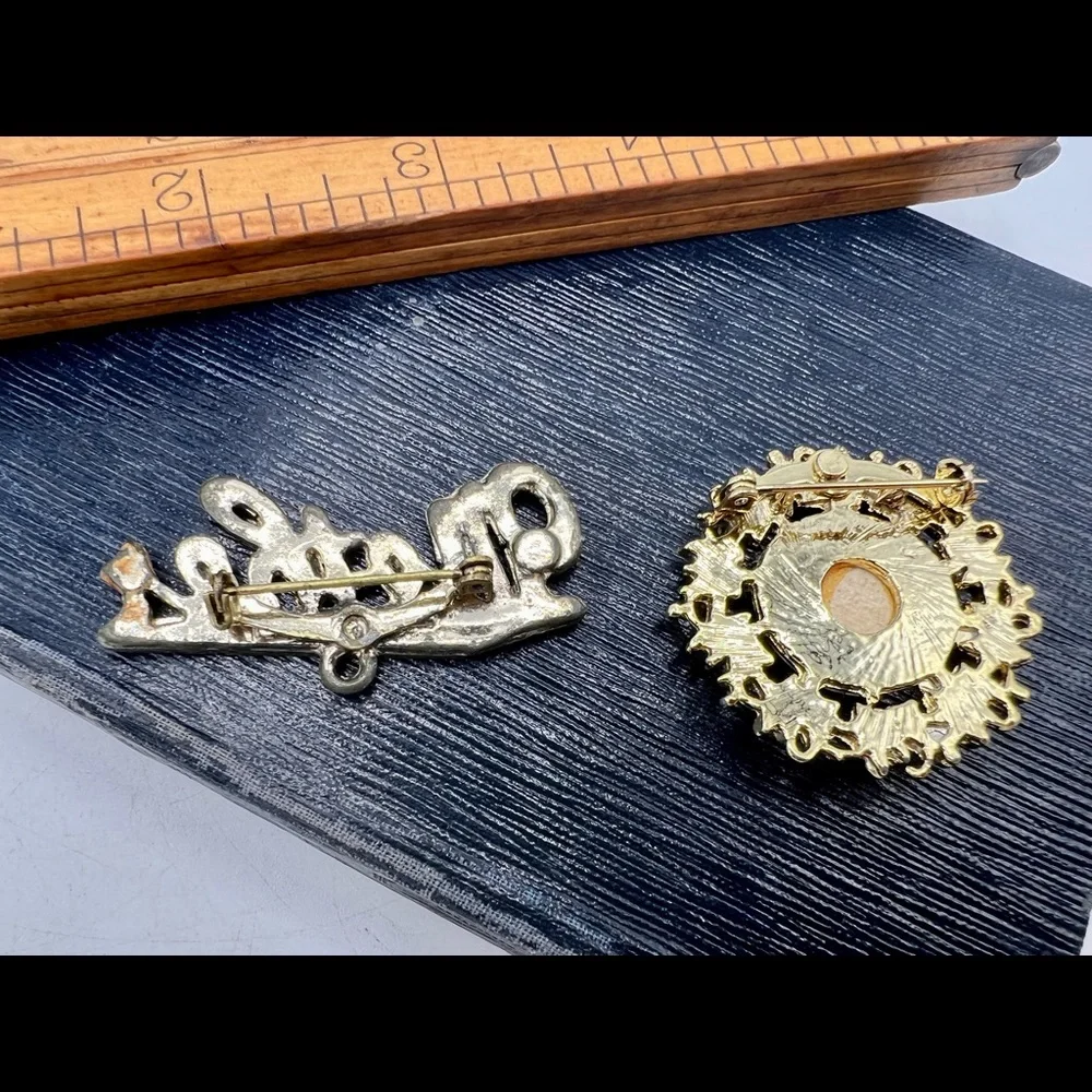 2 vintage “Mother” word brooch pins gold mother of pearl